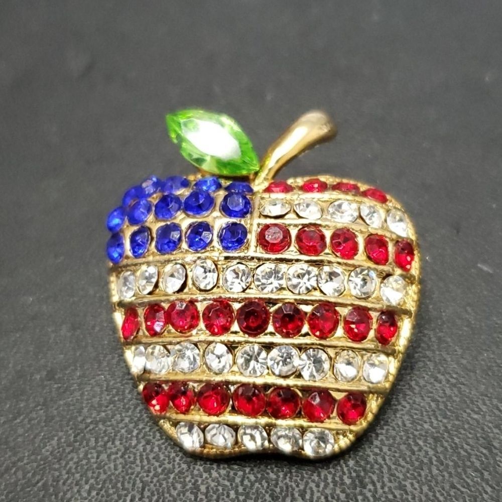 Vintage Gold Tone Red White Blue Rhinestone Patriotic Apple Brooch
